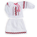 Ukrainian Dance traditional blouse, underskirt, blue apron with sash belt, floral wreath, red boots.