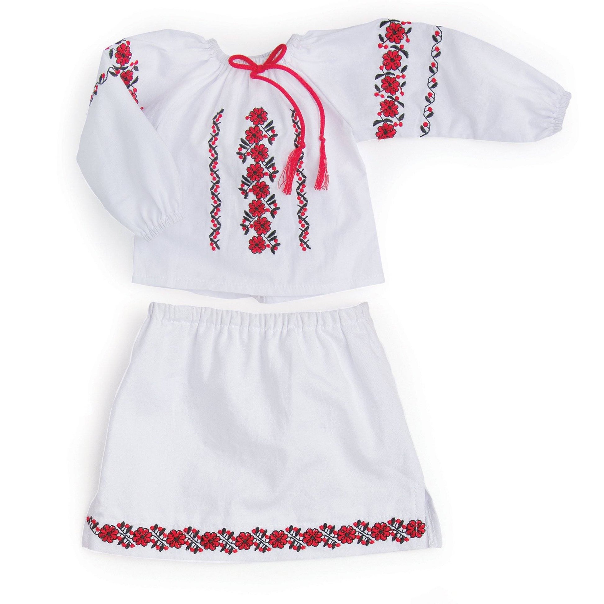 Ukrainian Dance traditional blouse, underskirt, blue apron with sash belt, floral wreath, red boots.
