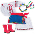 Ukrainian Dance outfit blouse, underskirt, blue apron with red sash belt, floral wreath, red boots.