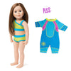 West Coast Waterwear two-piece sparkly green bathing suit with blue trim, two-tone blue wetsuit with sun graphic and pink accent fits all 18 inch dolls.