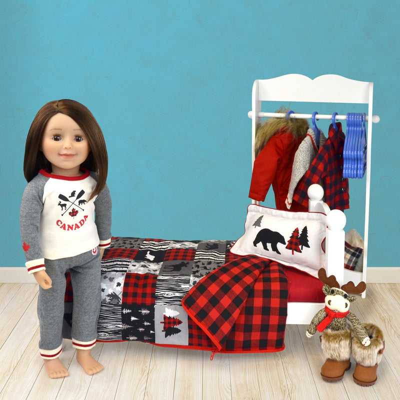 Red and black buffalo plaid patchwork style comforter features woodland creatures silhouettes and black and grey details also doubles as a sleeping bag for 18" dolls 