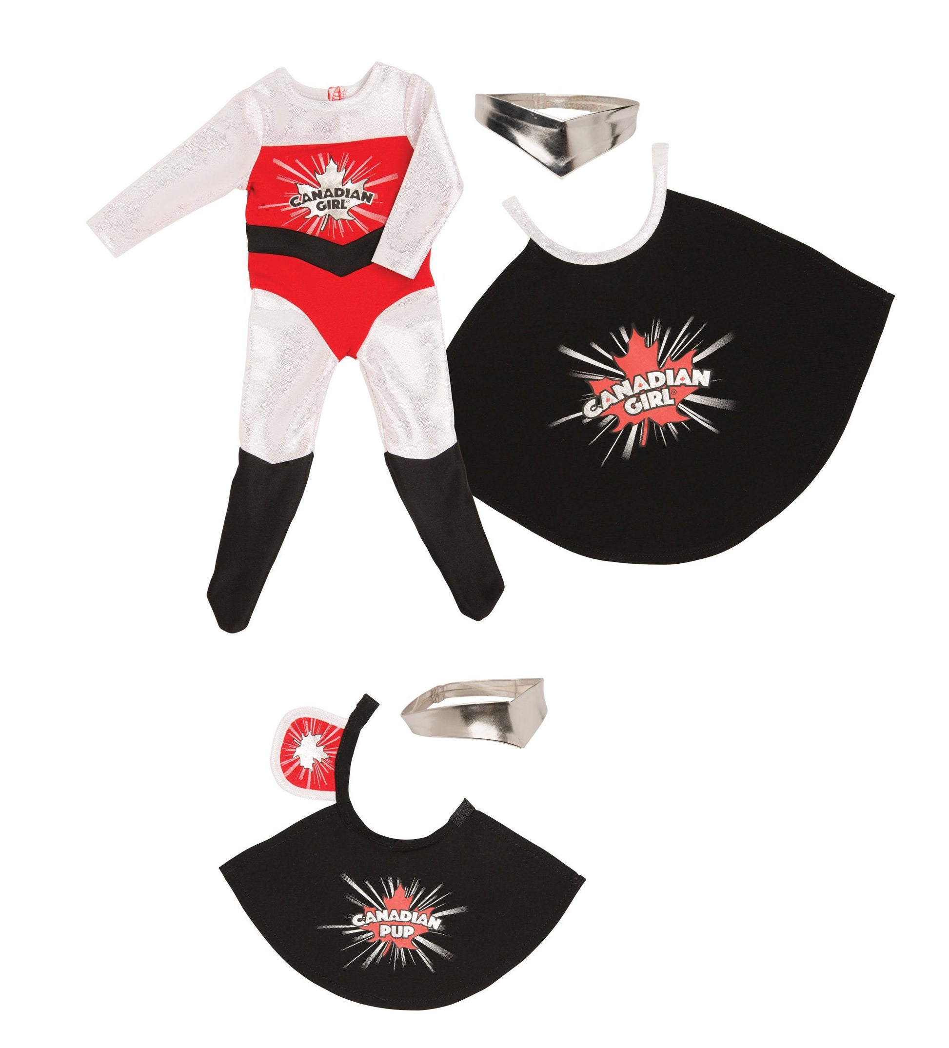 Canadian Superhero bodysuit, cape, headpiece and a Canadian Pup cape and headpiece for plush dog