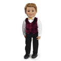 boy doll dressed up in velvet burgundy vest, white shirt, black dress pants and dress shoes