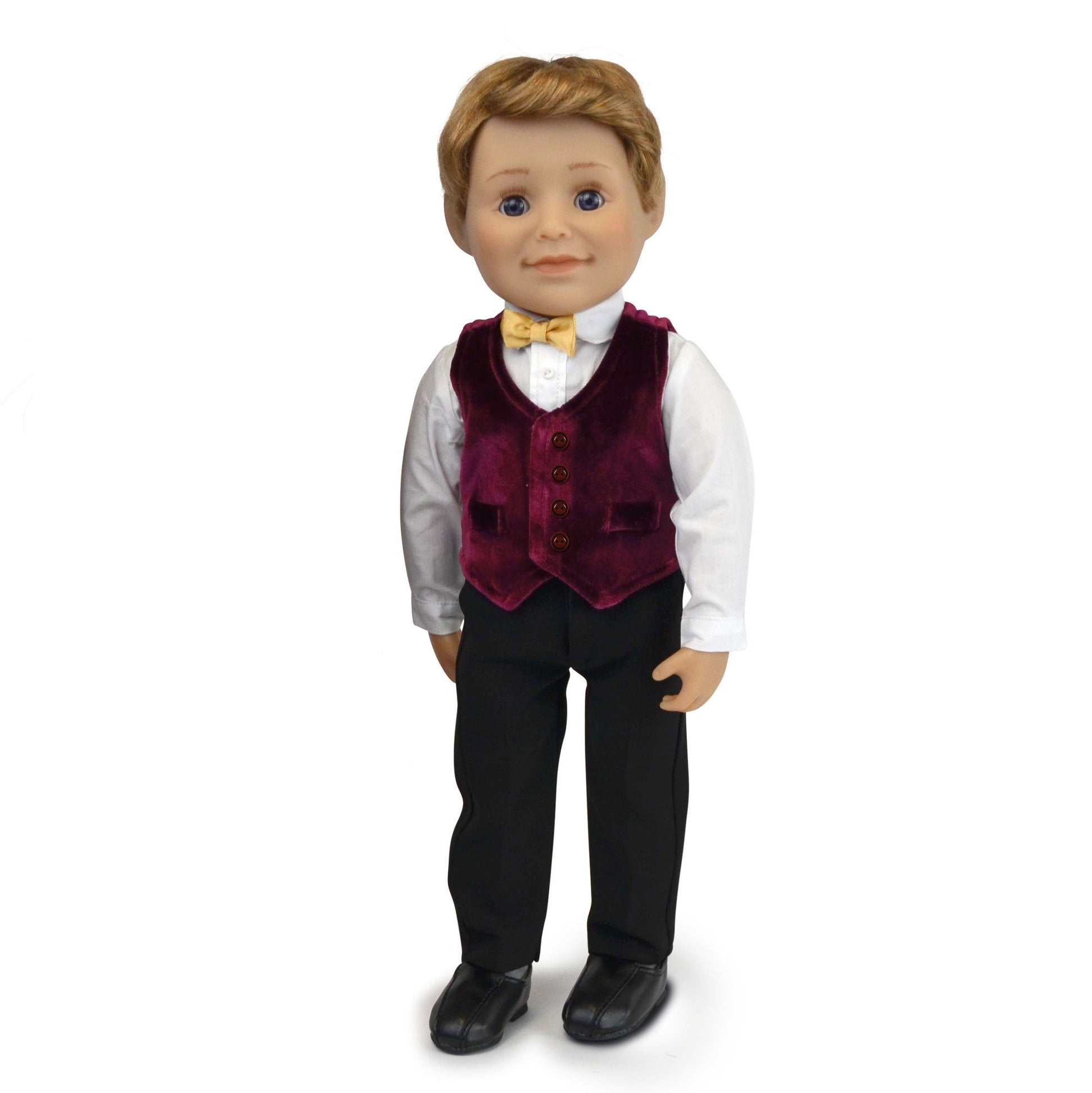 boy doll dressed up in velvet burgundy vest, white shirt, black dress pants and dress shoes