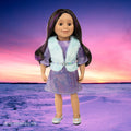 Doll with dark hair with purple streaks in sparkly dress and vest