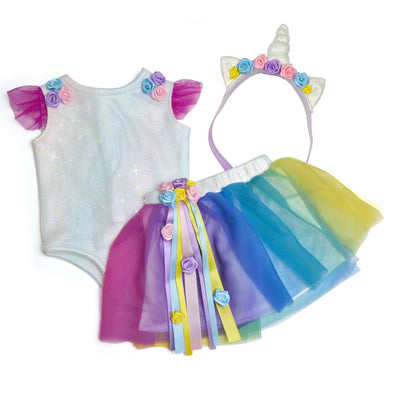 Unicorn Outfit for 18 inch dolls includes sparkly white iridescent bodysuit colourful layered tulle skirt with flowers and ribbons and a unicorn horn headband with ears