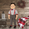 18-inch-boy-doll-wearing rural roots button up shirt and suspenders with plaid detailing. 