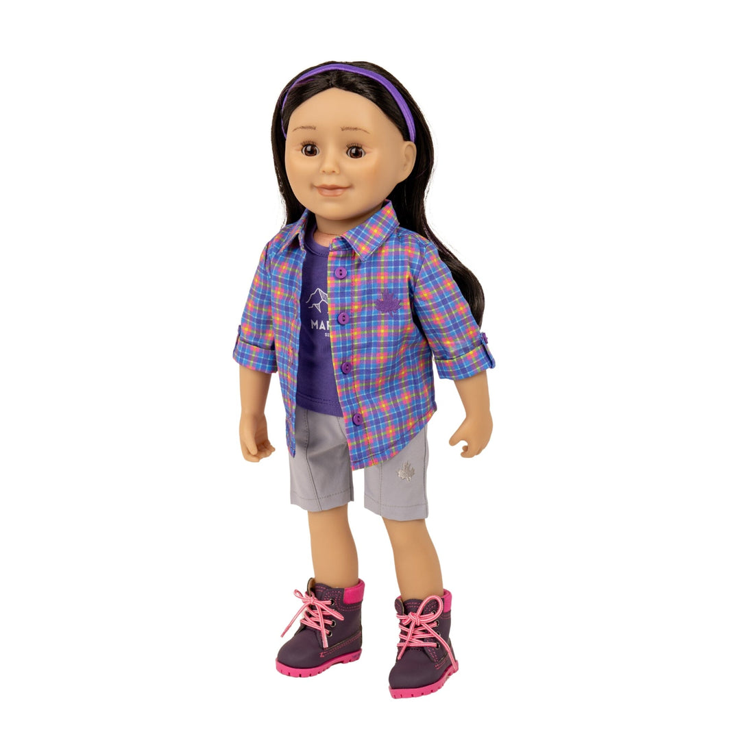 purple graphic t-shirt plaid camp shirt grey shorts headband hiking outfit on maplelea 18-inch doll.