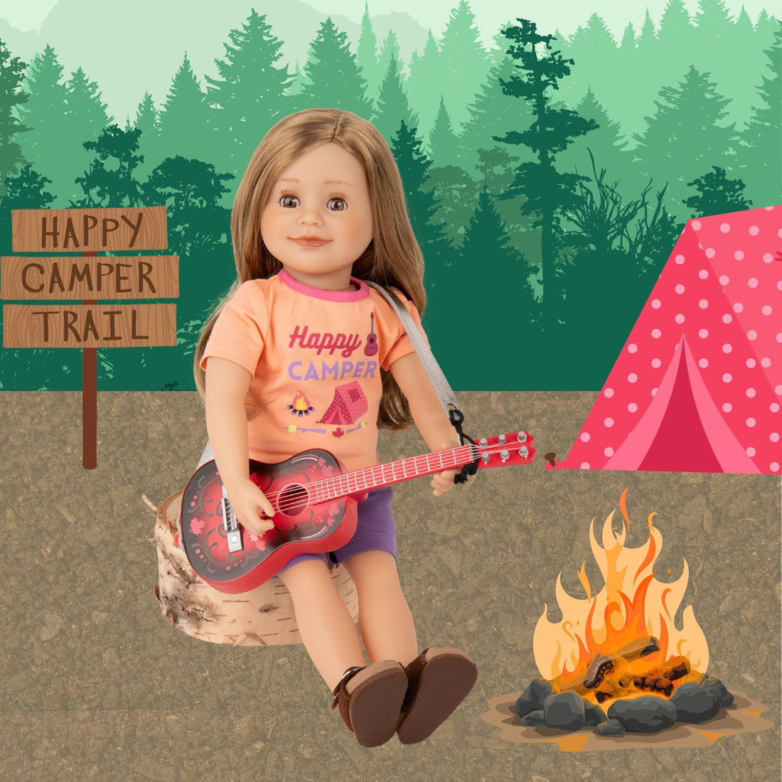 18-inch doll wearing happy camper purple and peachy pajama set from maplealea called happy camper.