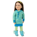 18-inch Maplelea doll wearing doll clothes blue yellow tunic dress hairband sparkly boots.