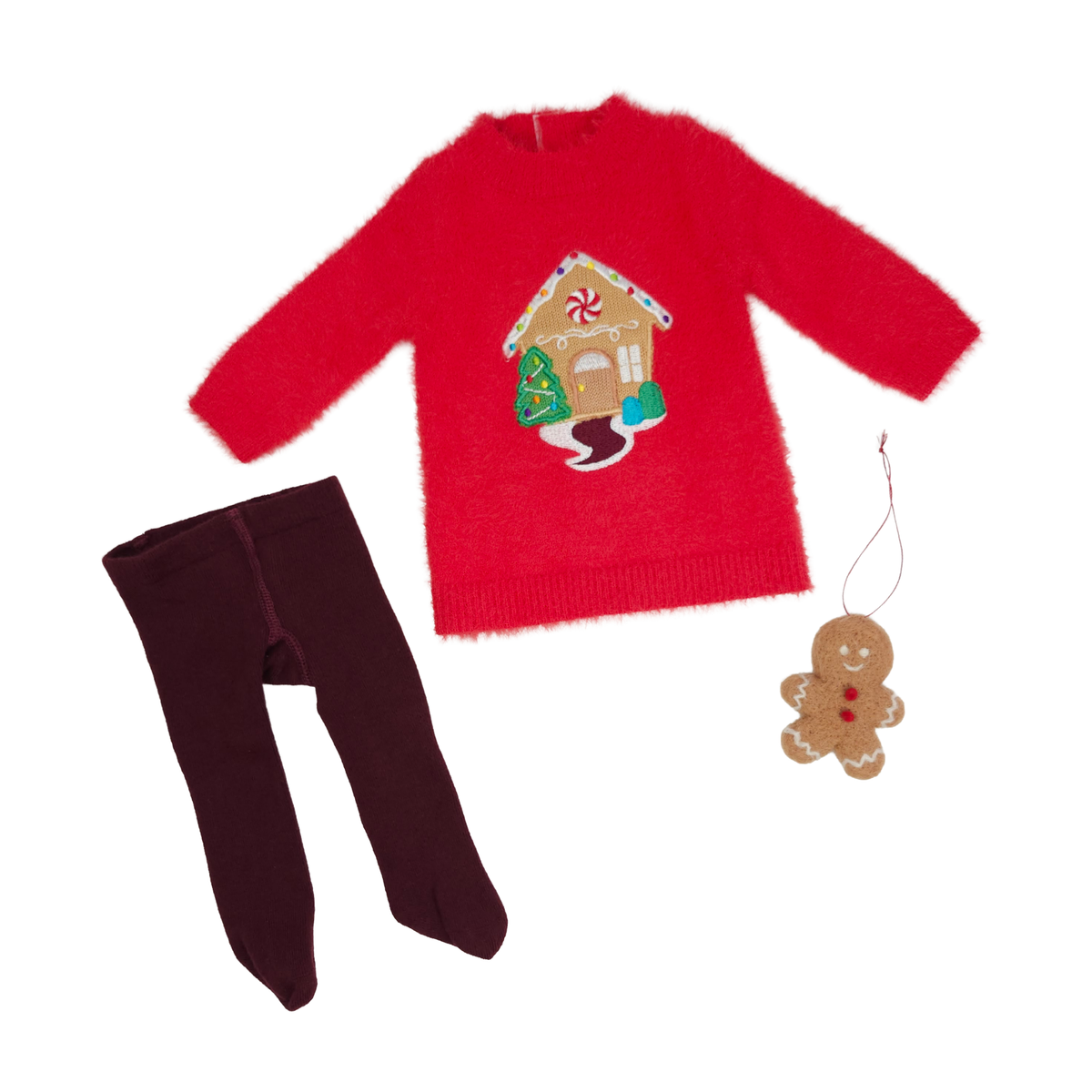 Gingerbread Sweaterdress Set with red dress, burgundy tights and felted gingerbread ornament