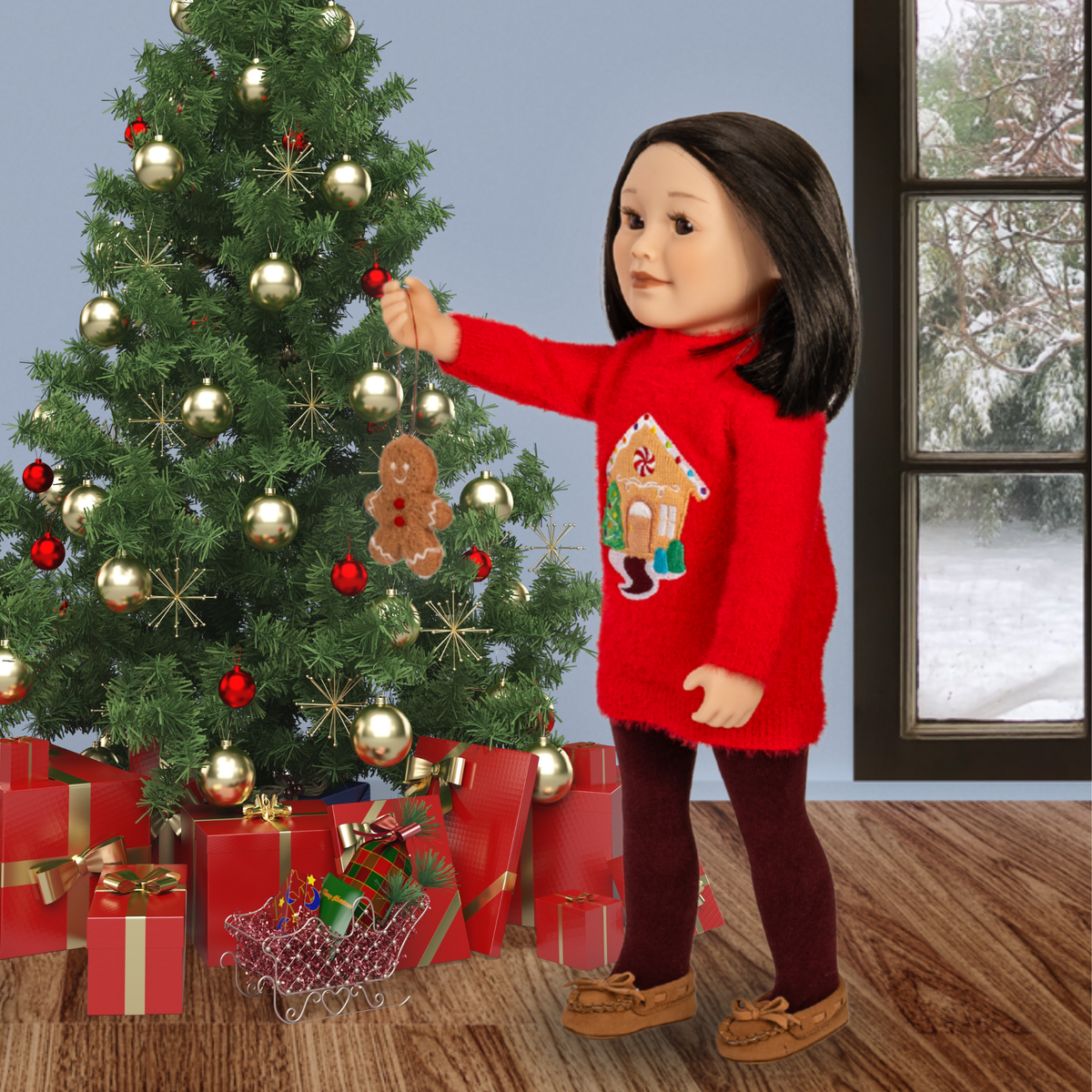 Maplelea 18-inch doll dressed in a red gingerbread sweaterdress for the holiday season