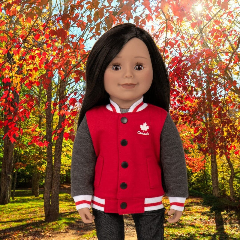 18-inch doll wearing red and grey bomber jacket with Canada logos