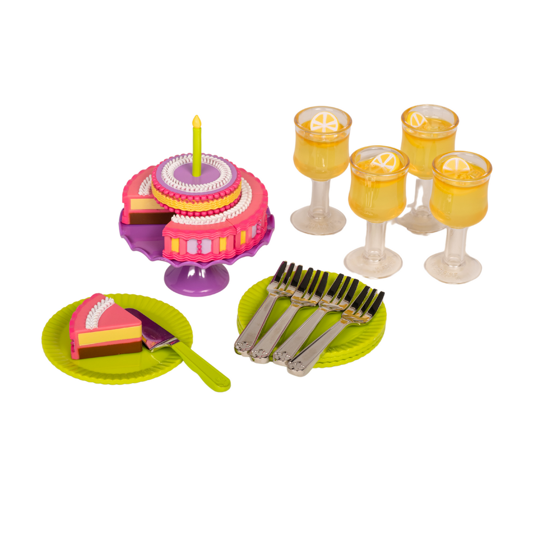  cups, plates, forks, cake stand, server, and 6 piece sliced cake all for 18-inch dolls