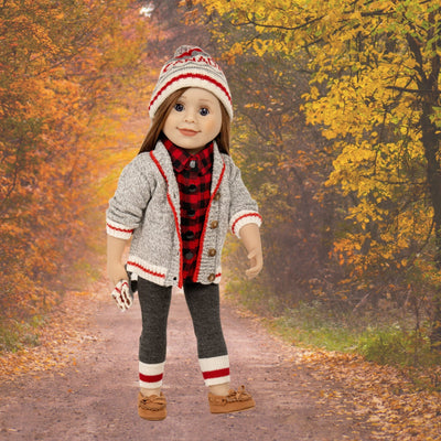 Buffalo plaid and grey legging outfit with cardigan and moccasins