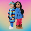 Striped multicoloured blue sweater pant set with blue fleece and pink pant set on 18" dolls.