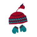 Red knitted hat with a colorful pattern and matching mittens.