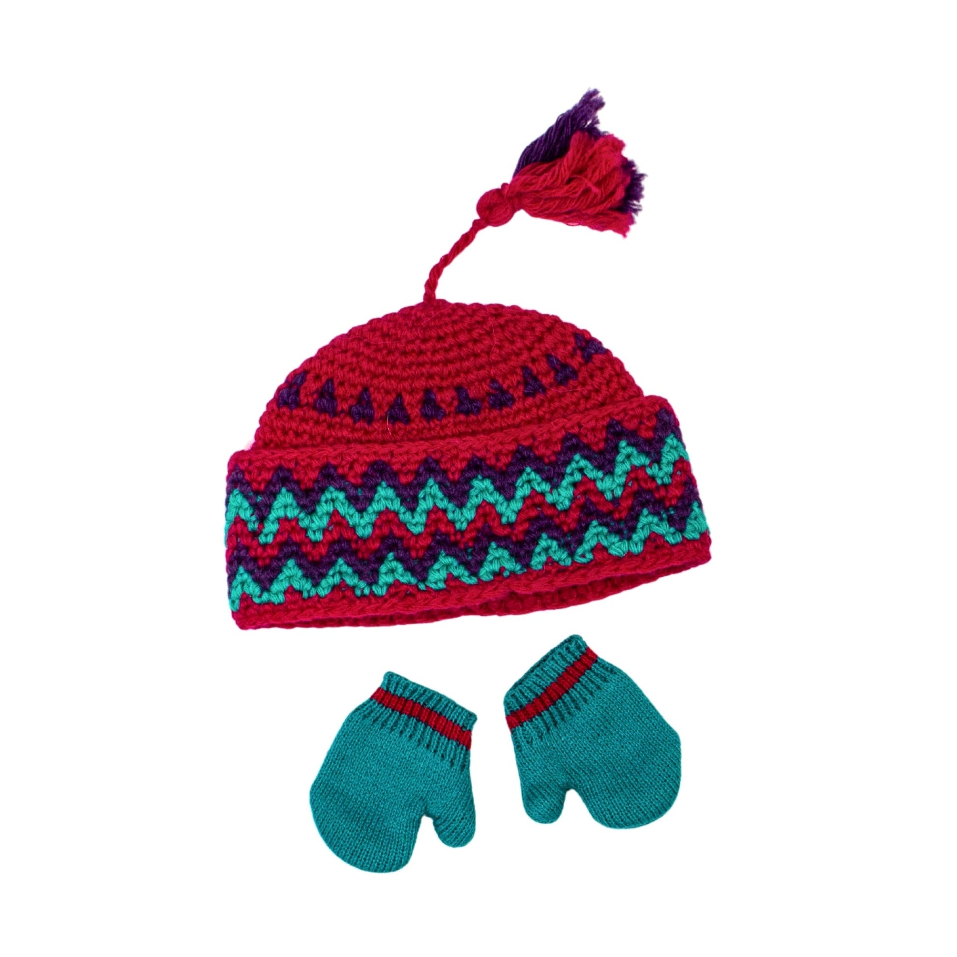 Red knitted hat with a colorful pattern and matching mittens.
