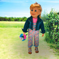 Maplelea-18-inch-doll-jean-jacket-white-sandals-floral-capri-overalls-t-shirt-bouquet