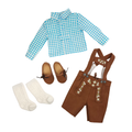 A doll clothing set featuring a light blue and white gingham long-sleeve shirt, brown faux-suede shorts with embroidered details, white socks, and brown moccasin-style shoes, arranged on a plain white background.