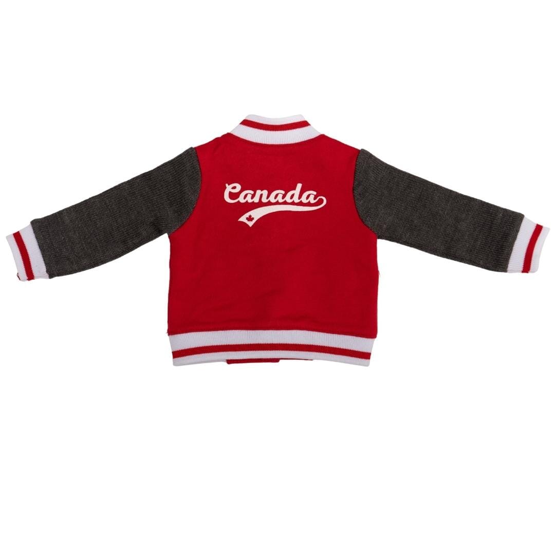 Back view of a red logo jacket for a Canadian girl doll or boy doll