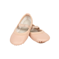 A pair of light peach-pink ballet flats with elastic straps, shown on a plain white background.