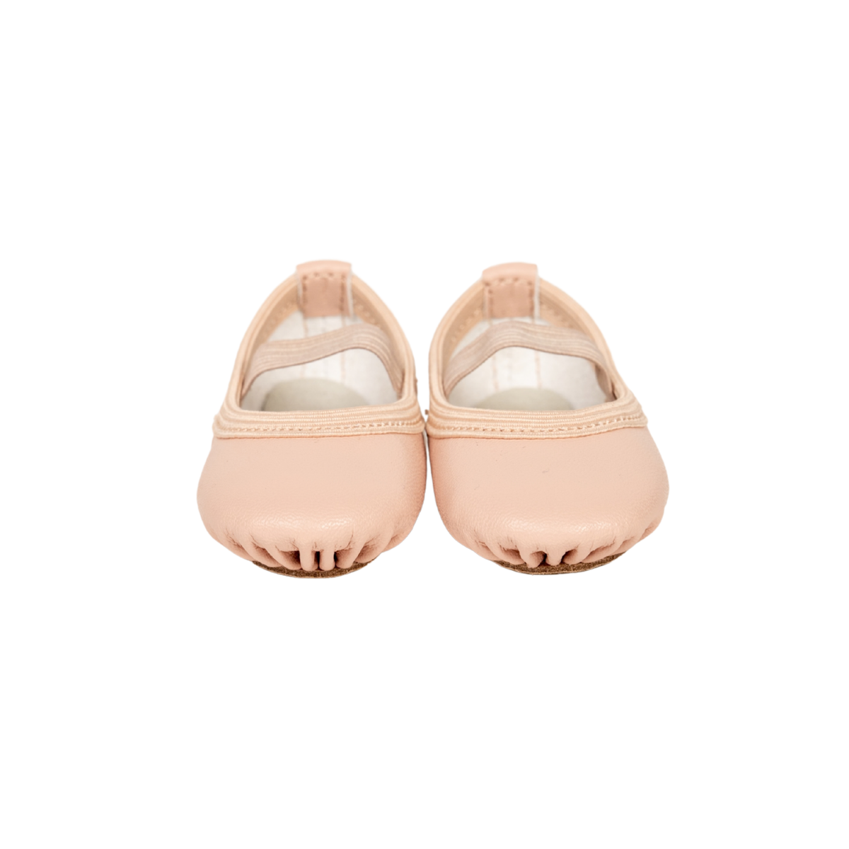 A pair of pale blush pink leather ballet flats with elastic straps, shown from the front on a solid white background.