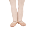 A pair of beige ribbed tights and matching soft ballet flats worn on a child's legs, shown against a plain white background.