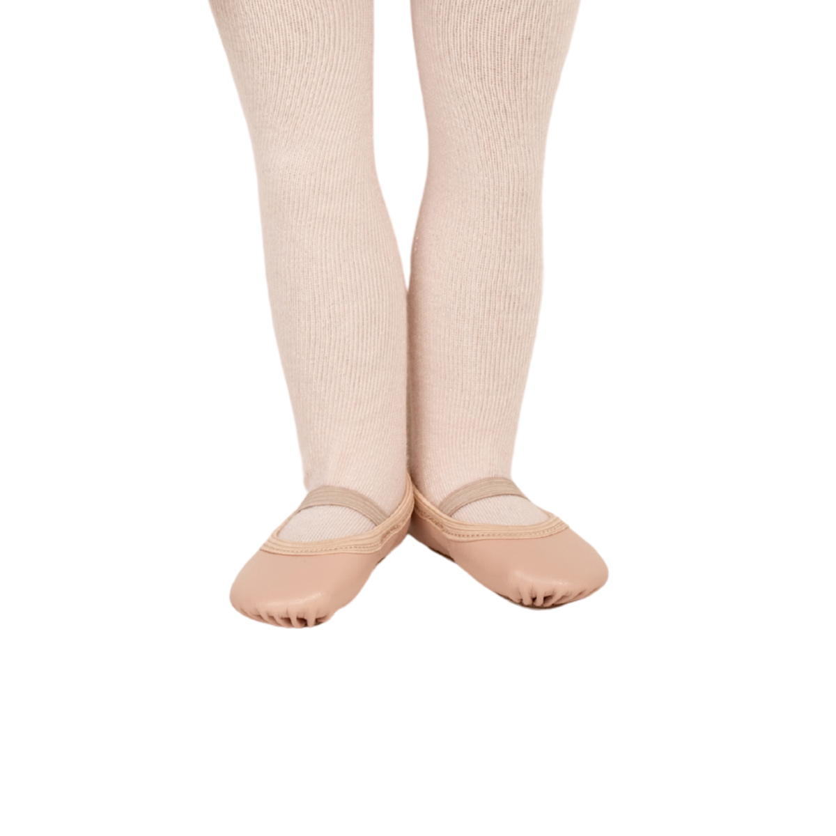 A pair of beige ribbed tights and matching soft ballet flats worn on a child's legs, shown against a plain white background.