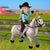 doll wearing clasic rodeo wear riding a horse on a farm in  front of a barn