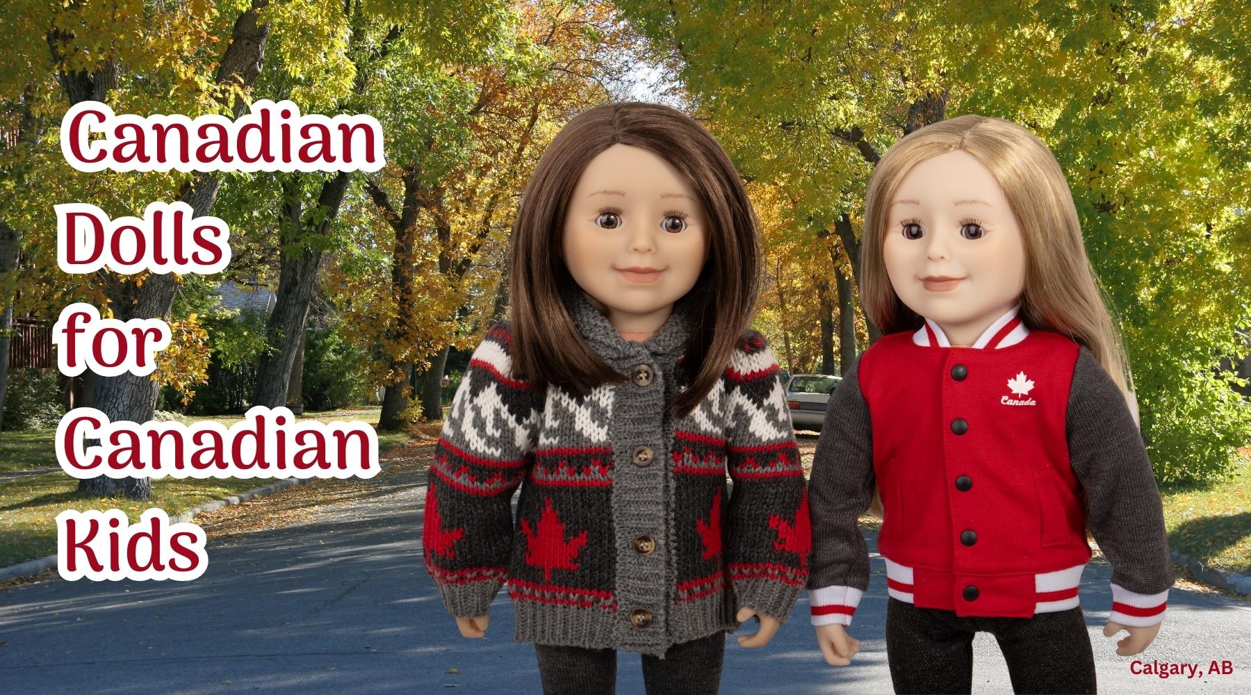 Two Maplelea Canadian Girl Dolls wearing fall Canadian coats