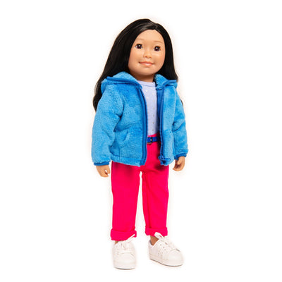 Saila doll wearing cozy outdoor outfit and white classic Maplelea runners for all 18" dolls