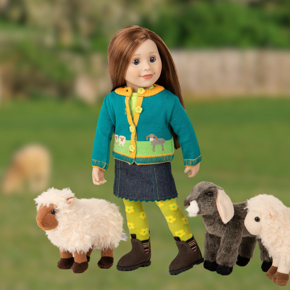 Outstanding quality sweater outfit for 18-inch dolls with denim skirt t-shirt cardigan and tights