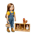Doll in overalls with farm-themed accessories including chickens