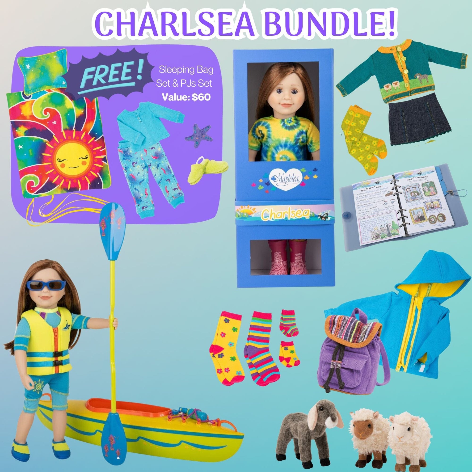 Charlsea Doll & Accessories Bundle (With FREE Sleeping Bag Set and PJ Set)