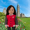 An 18-inch doll showing her Canadian roots in a red jacket with maple leaf and Canada emblems.