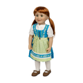 A doll with red hair in pigtails wearing a blue and light green traditional-style dress with white sleeves, white tights, and brown shoes, photographed against a plain white background. Edelweiss Dirndl Set traditional German outfit for 18-inch dolls by Maplelea KJ26