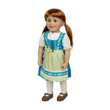 A doll with red hair in pigtails wearing a blue and light green traditional-style dress with white sleeves, white tights, and brown shoes, photographed against a plain white background. Edelweiss Dirndl Set traditional German outfit for 18-inch dolls by Maplelea KJ26