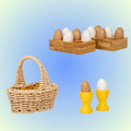 Set of wooden egg trays, wicker basket, and yellow egg holders for creative play with 18-inch dolls like Maplelea and American Girls