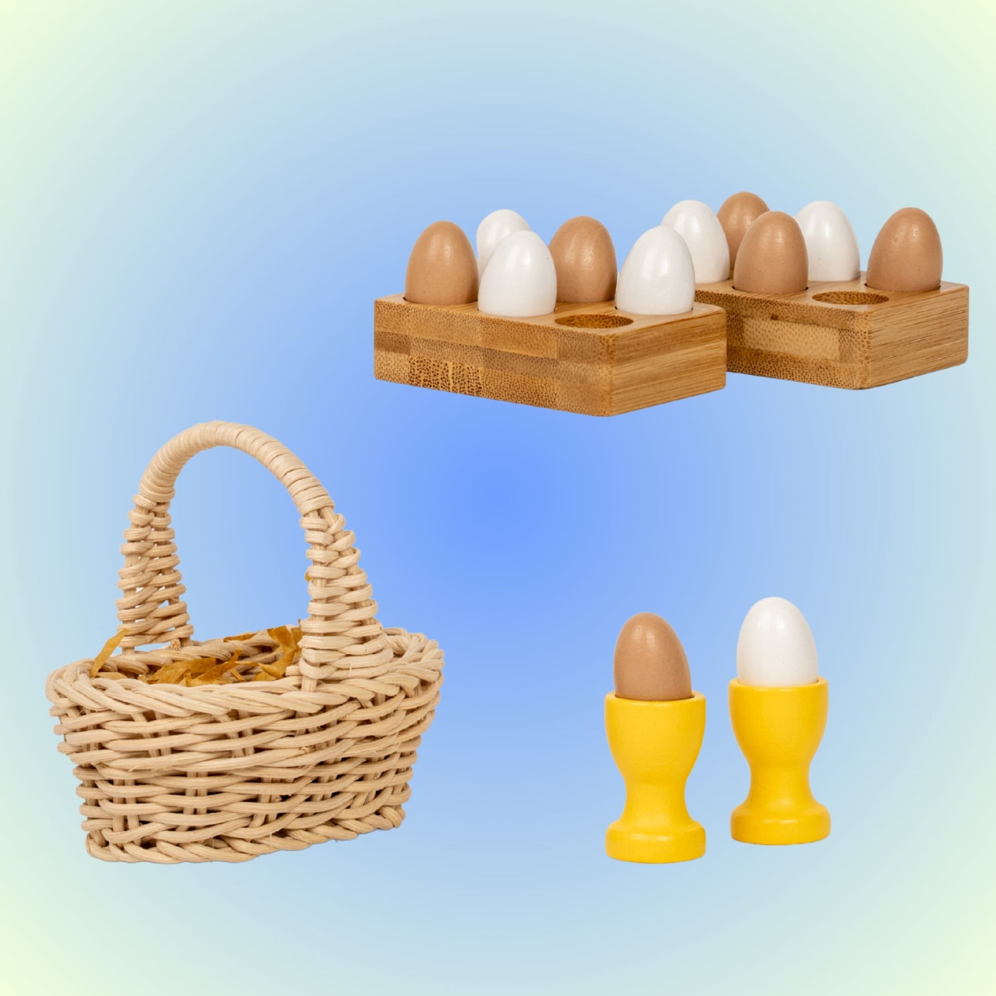 Set of wooden egg trays, wicker basket, and yellow egg holders for creative play with 18-inch dolls like Maplelea and American Girls