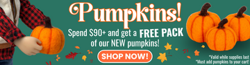 Fall banner featuring a doll holding a mini pumpkin and a set of three pumpkins. Spend $90+ and get a free pack of new pumpkins. Must add pumpkins to cart; while supplies last.