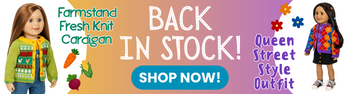 Promotional banner for a knit cardigan outfit, featuring two doll models wearing colorful patterned sweaters, with large text reading 'BACK IN STOCK!' and 'SHOP NOW!' on a pink-to-purple gradient background.