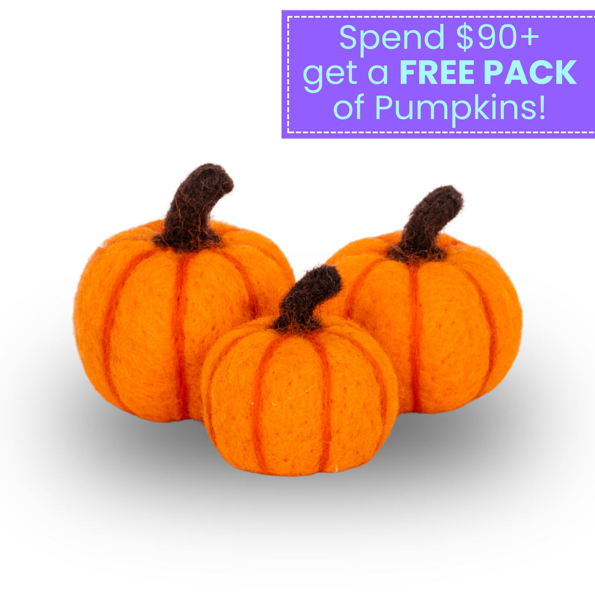 Set of three orange felt pumpkins with brown stems designed for Maplelea and other 18-inch dolls