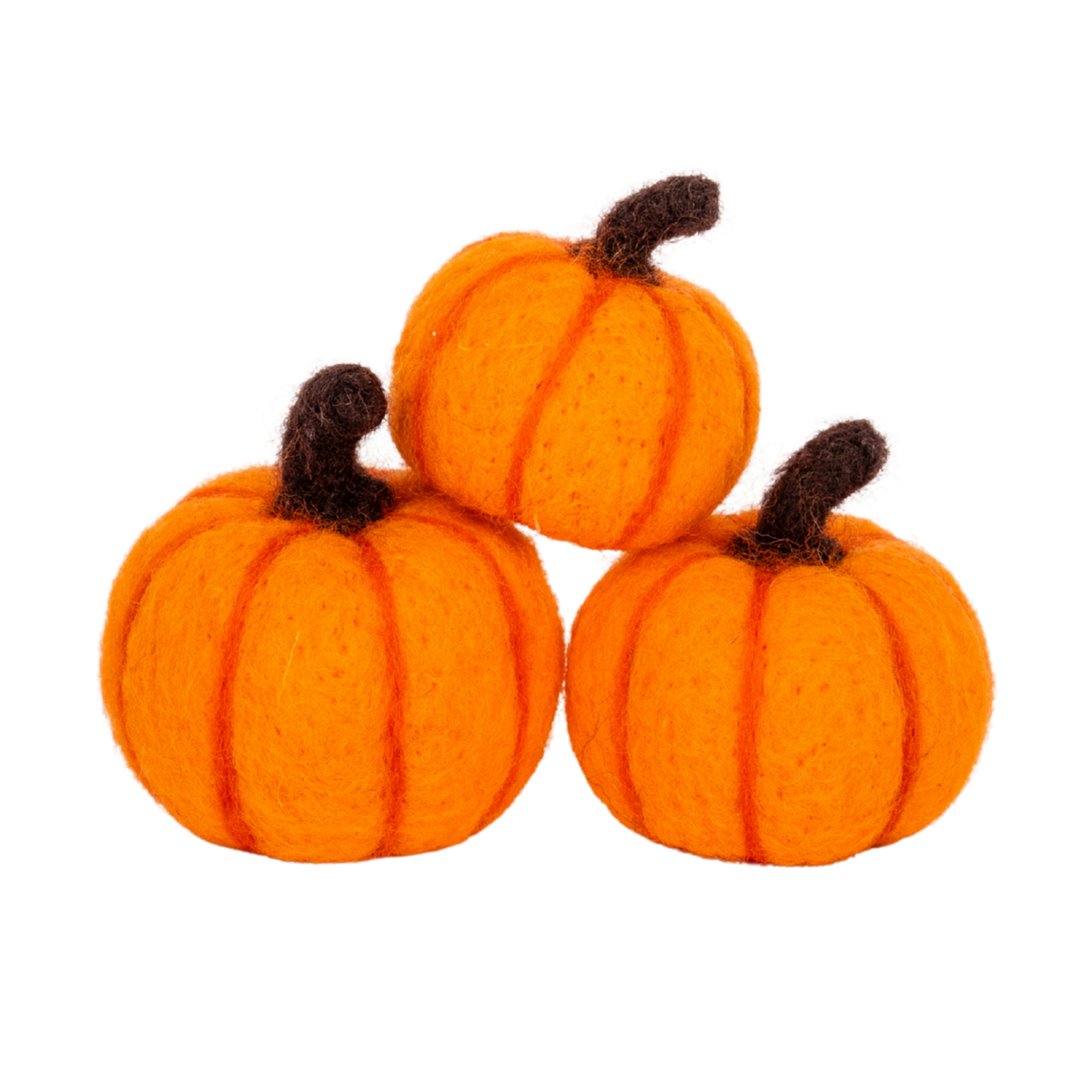 Set of three orange felt pumpkins with brown stems designed for Maplelea and other 18-inch dolls suitable for American Girl dolls