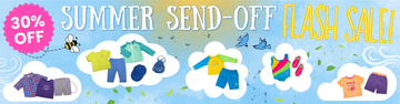 Summer Send-Off Flash Sale banner advertising 30% off select Maplelea outfits. Colourful summer clothing, swimwear, pajamas, and accessories are displayed in white cloud shapes against a bright blue background decorated with a bee, birds, leaves, and dandelion seeds.