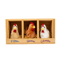 Three plush chickens in a wooden nesting box labeled 'Fraser', 'Skeena', and 'Columbia' for fun with 18-inch dolls