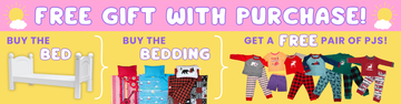 Promotional banner offering a free pair of PJs with bed and bedding purchase on a yellow background.