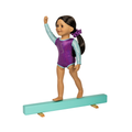 An 18-inch gymnast doll with dark hair in a purple scrunchie, wearing a purple and light blue leotard, balancing on a mint green balance beam Maplelea Doll playset Ballet. Toy gift