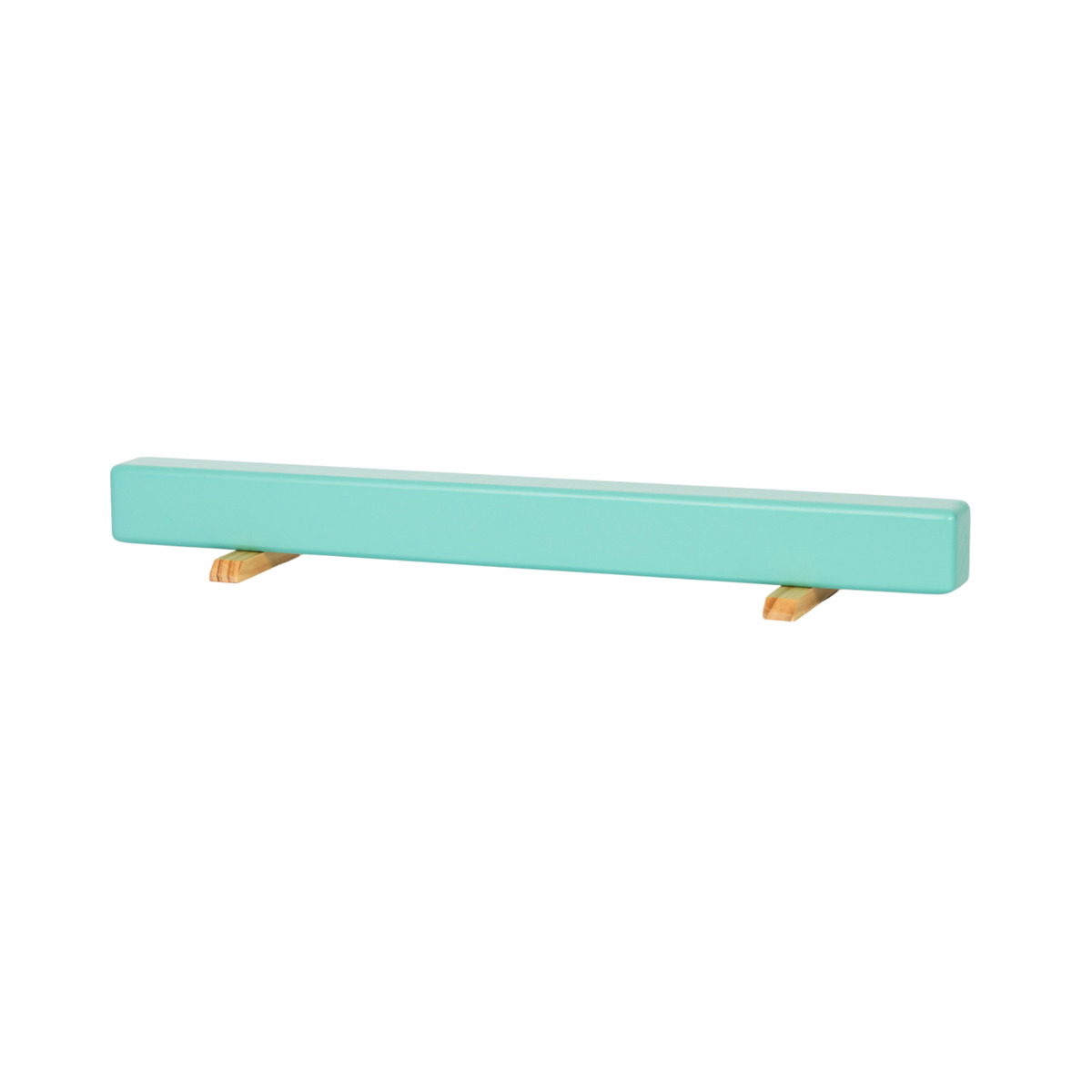 A long rectangular bar in a light mint green color, supported by two small light wood brackets, Maplelea doll americal girl, gym, gymnastic doll toy gift