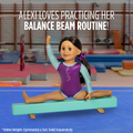 A doll dressed in a purple and light blue gymnastics leotard sits on a teal balance beam in a gymnastics gym, with large text reading 'ALEXI LOVES PRACTICING HER BALANCE BEAM ROUTINE!' at the top. Maplelea